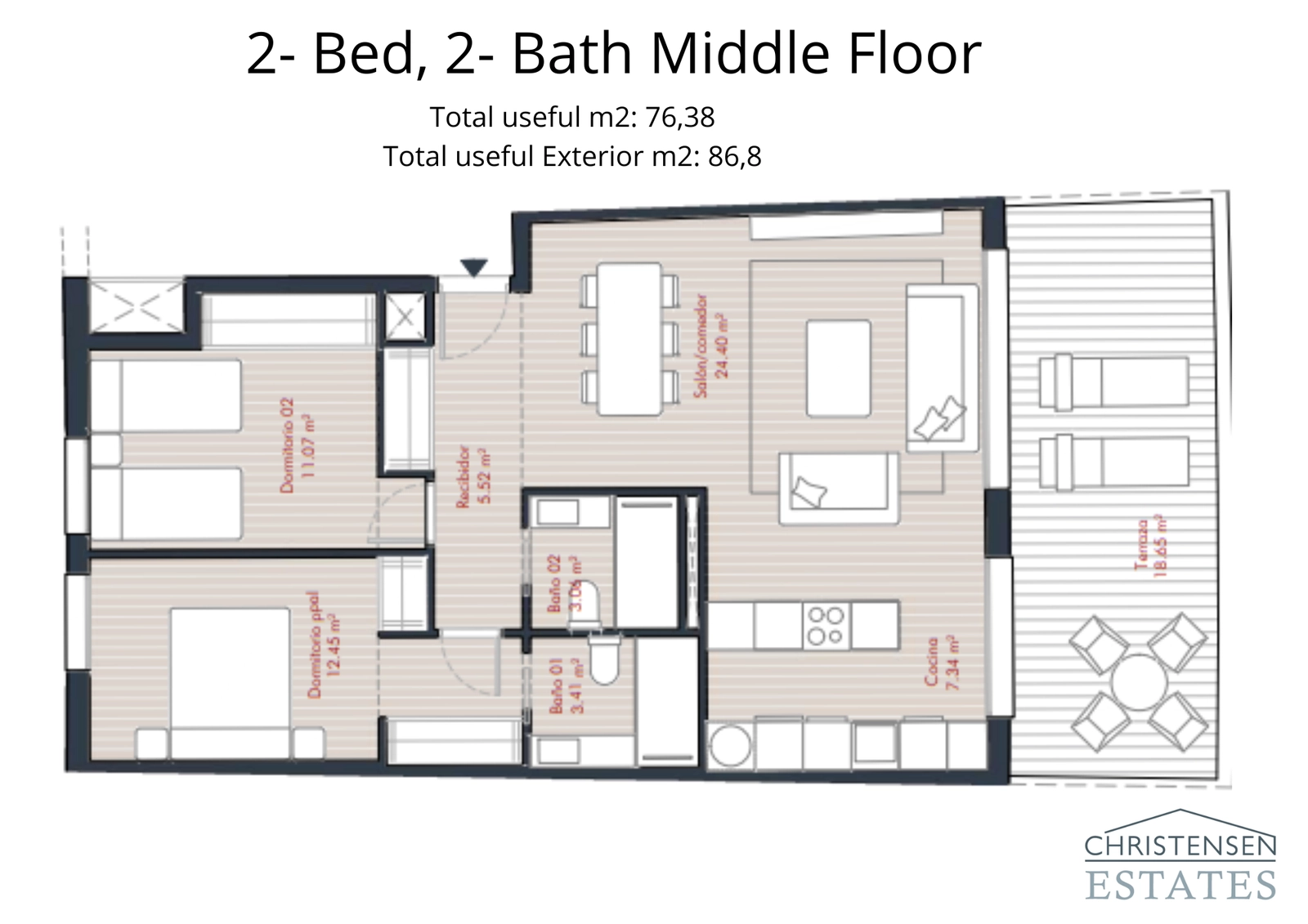 This two-bedroom middle-floor plan highlights a spacious living area and a large terrace perfect for enjoying the views.