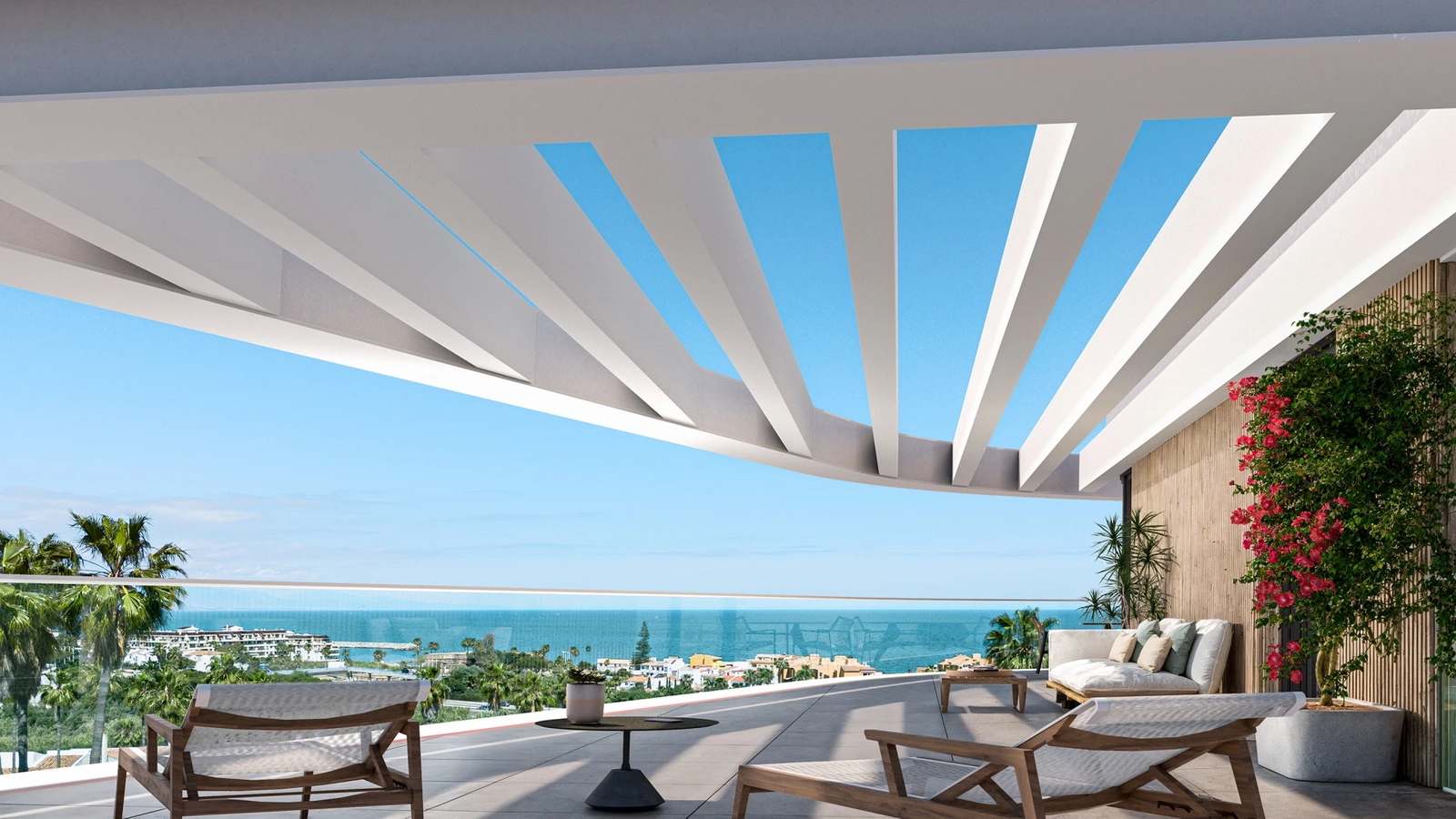 A spacious terrace offering breathtaking panoramic views of the Mediterranean Sea.