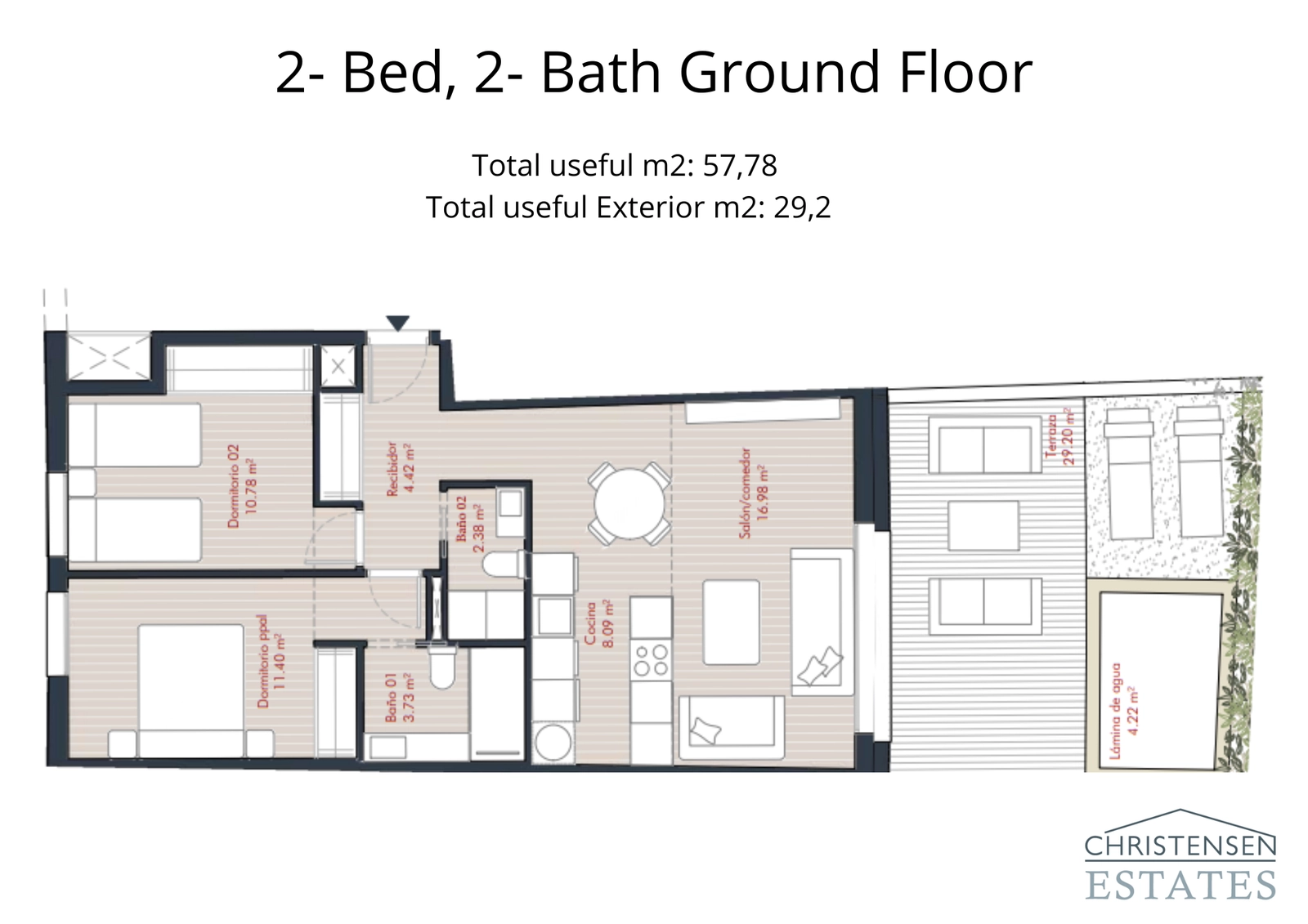 Layout for a two-bedroom ground-floor residence, featuring a seamless flow to an expansive terrace and private pool area.