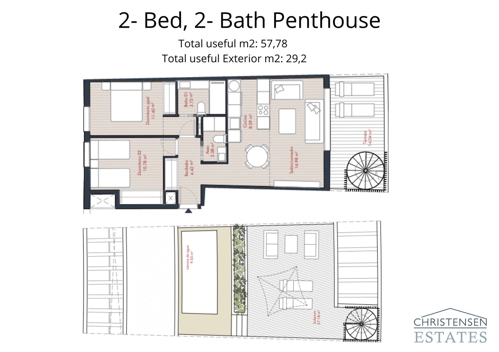 The two-bedroom penthouse layout includes a private rooftop solarium with a pool, offering an exclusive outdoor living experience.