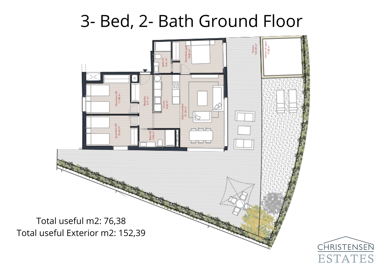 A spacious three-bedroom ground-floor layout with generous interior space connected to a large private garden and terrace.