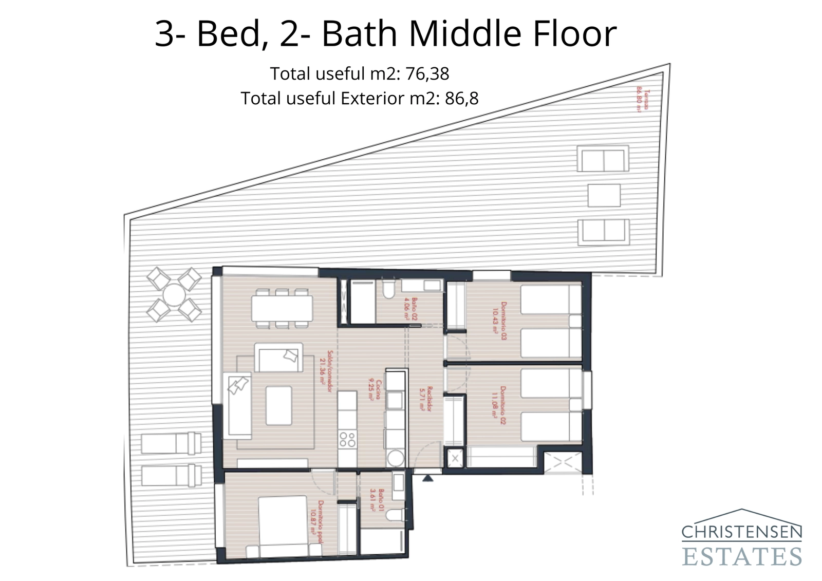 Floor plan for a three-bedroom middle-floor apartment, designed for family comfort with an expansive terrace.