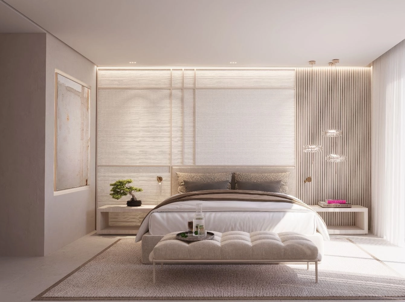 A serene master bedroom designed as a peaceful retreat, with a calm colour palette and high-quality finishes.