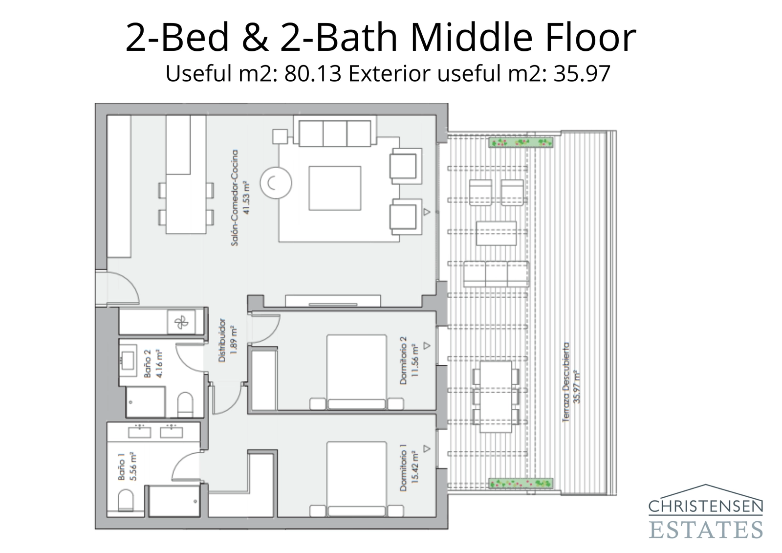 Layout of a two-bedroom middle-floor apartment, featuring an open-plan living area and a generous terrace for outdoor enjoyment.
