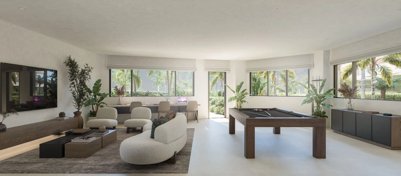 The residents' lounge, a versatile space perfect for co-working, meetings, or social gatherings.