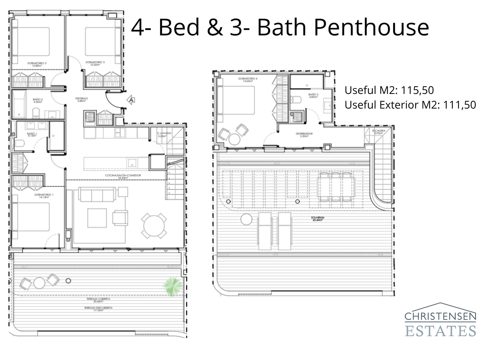 This four-bedroom penthouse layout shows an expansive living area, generous bedrooms, and a spectacular rooftop solarium for the ultimate private retreat.
