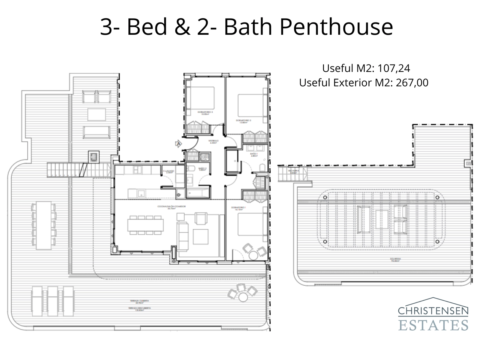 The floor plan for the three-bedroom penthouse, showcasing a smart distribution of space, large terraces, and a private solarium to enjoy the sun.