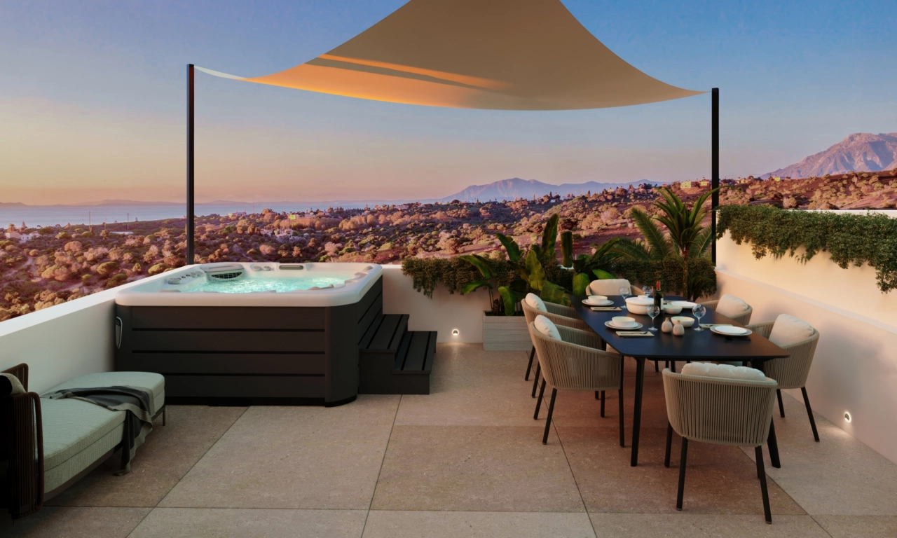 Your private rooftop solarium, an ideal space for relaxing in the jacuzzi while enjoying panoramic views of the Mediterranean.