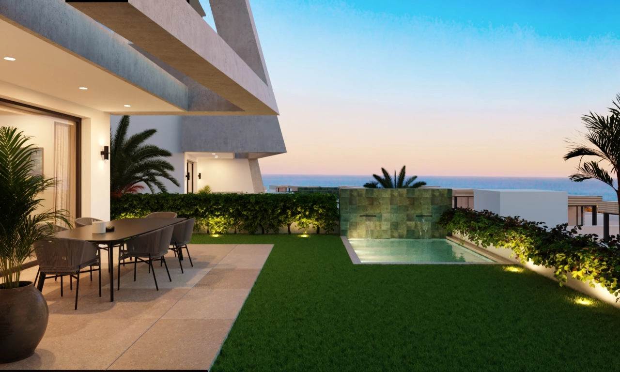 A generous private garden and terrace area, perfect for outdoor dining and enjoying the mild Costa del Sol climate.