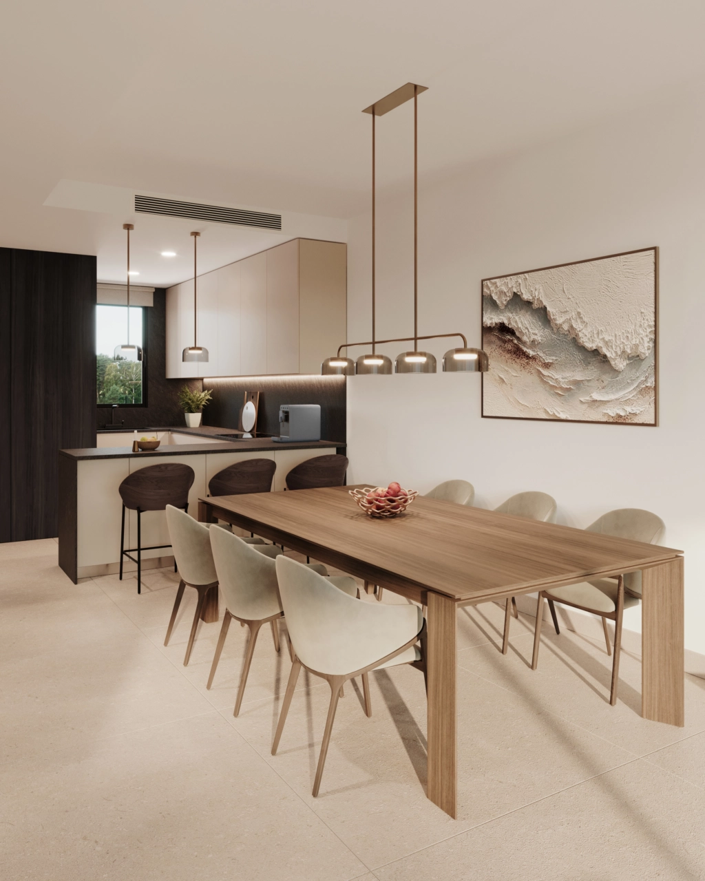 A modern, open-plan kitchen and dining area, designed with high-quality materials for both style and function.