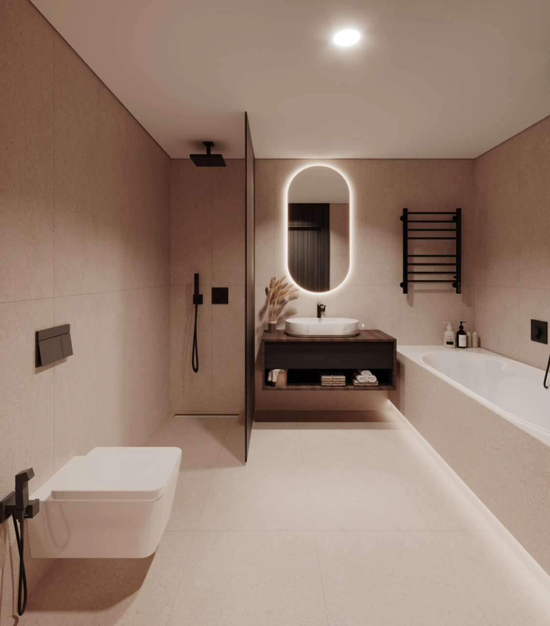 A well-appointed secondary bathroom featuring a walk-in shower and elegant, modern finishes.