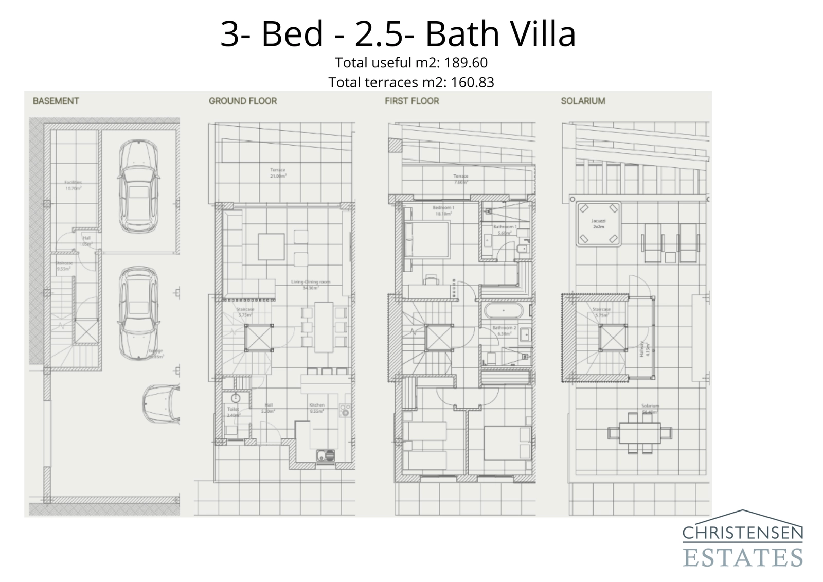 This four-level floor plan showcases an intelligent layout, with a private garage, open-plan social areas, private bedroom suites, and a stunning rooftop solarium, all connected by a private elevator.