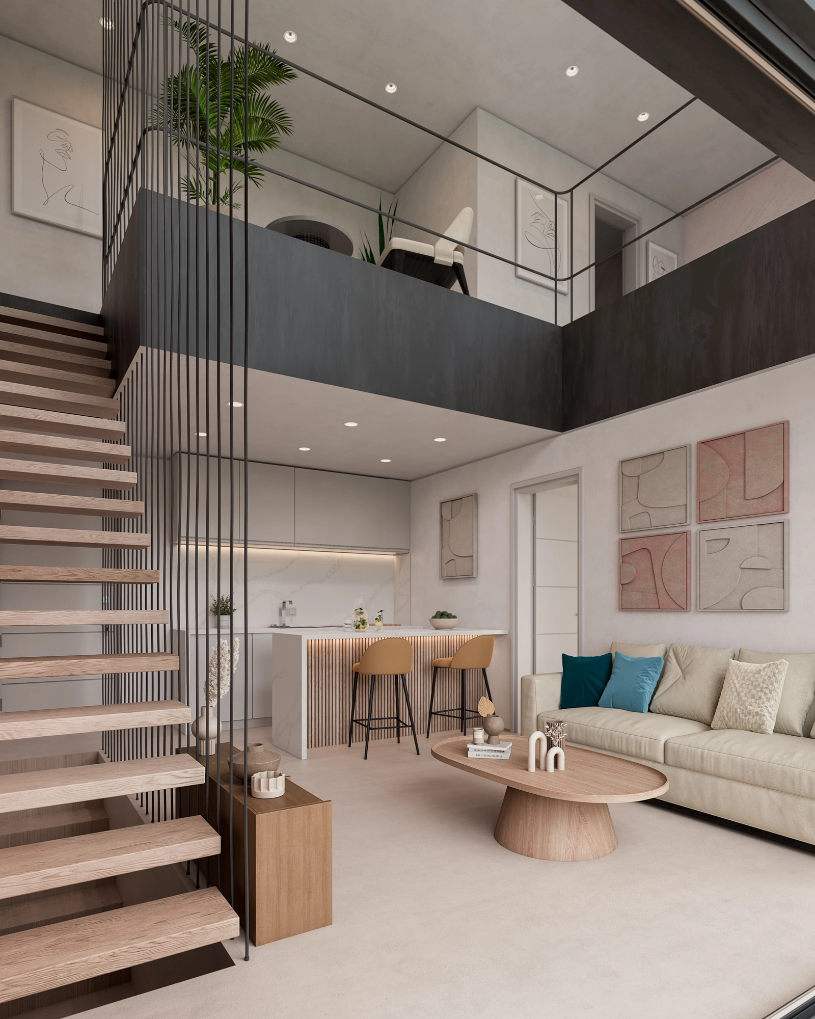 The open-plan living area combines contemporary design with a warm, inviting atmosphere, perfect for relaxing or entertaining.