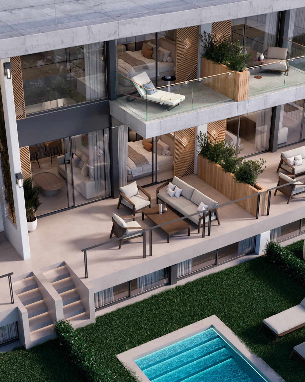 An aerial view of the multi-level terraces, offering a seamless blend of indoor and outdoor living spaces.