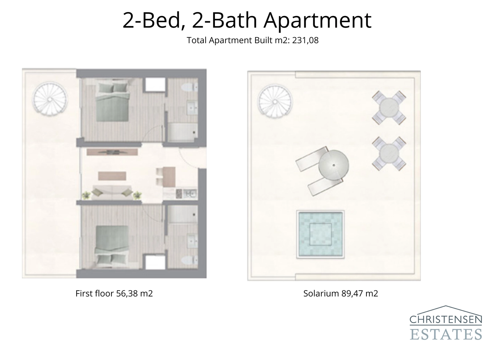 A spacious two-bedroom duplex apartment plan, featuring a stunning rooftop solarium for private outdoor enjoyment.