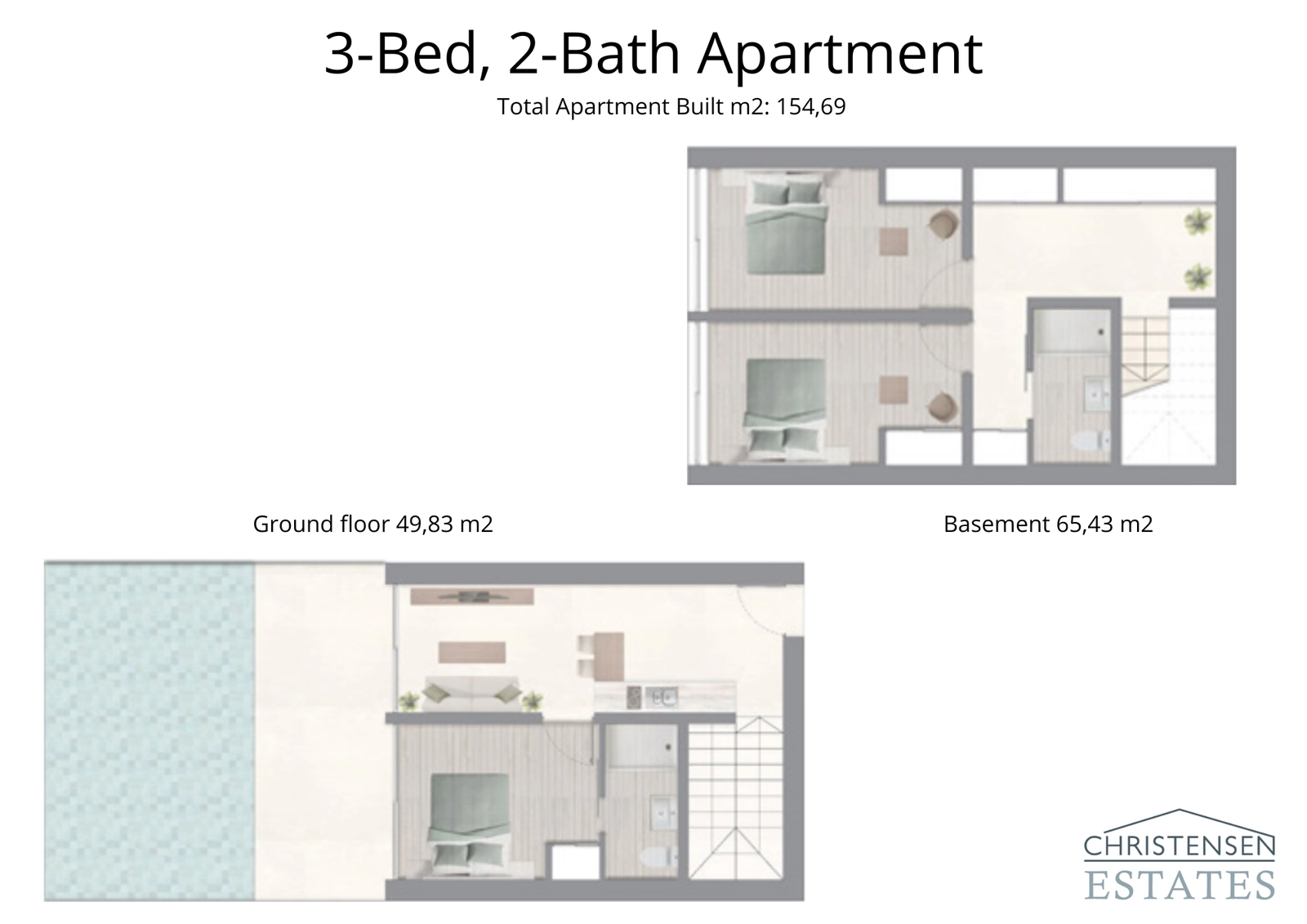 A three-bedroom duplex apartment layout with direct terrace access to the communal pool, ideal for family living.