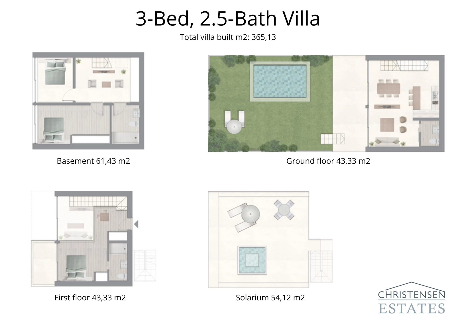 The four-level layout of this three-bedroom villa offers ample space, privacy, and a private garden with a pool.