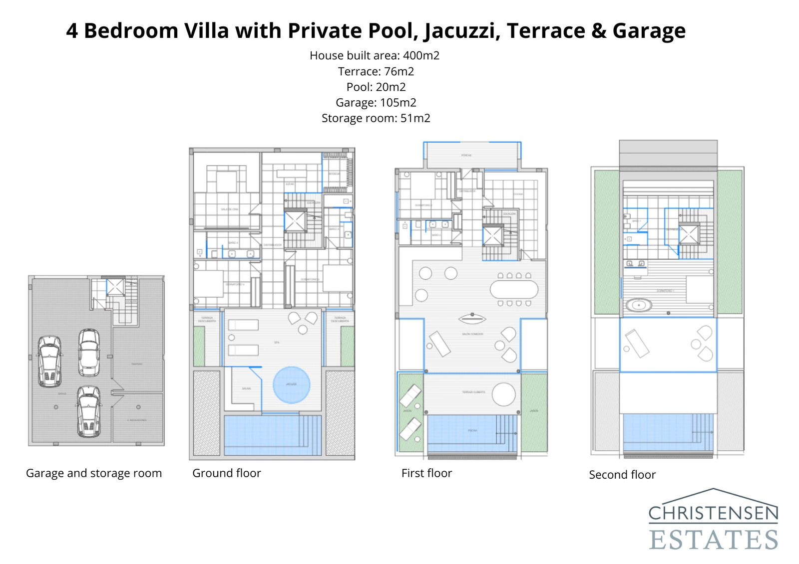 Layout for the magnificent 400 m² four-bedroom villa, showing the spacious multi-level design, garage, private pool, and expansive terraces.
