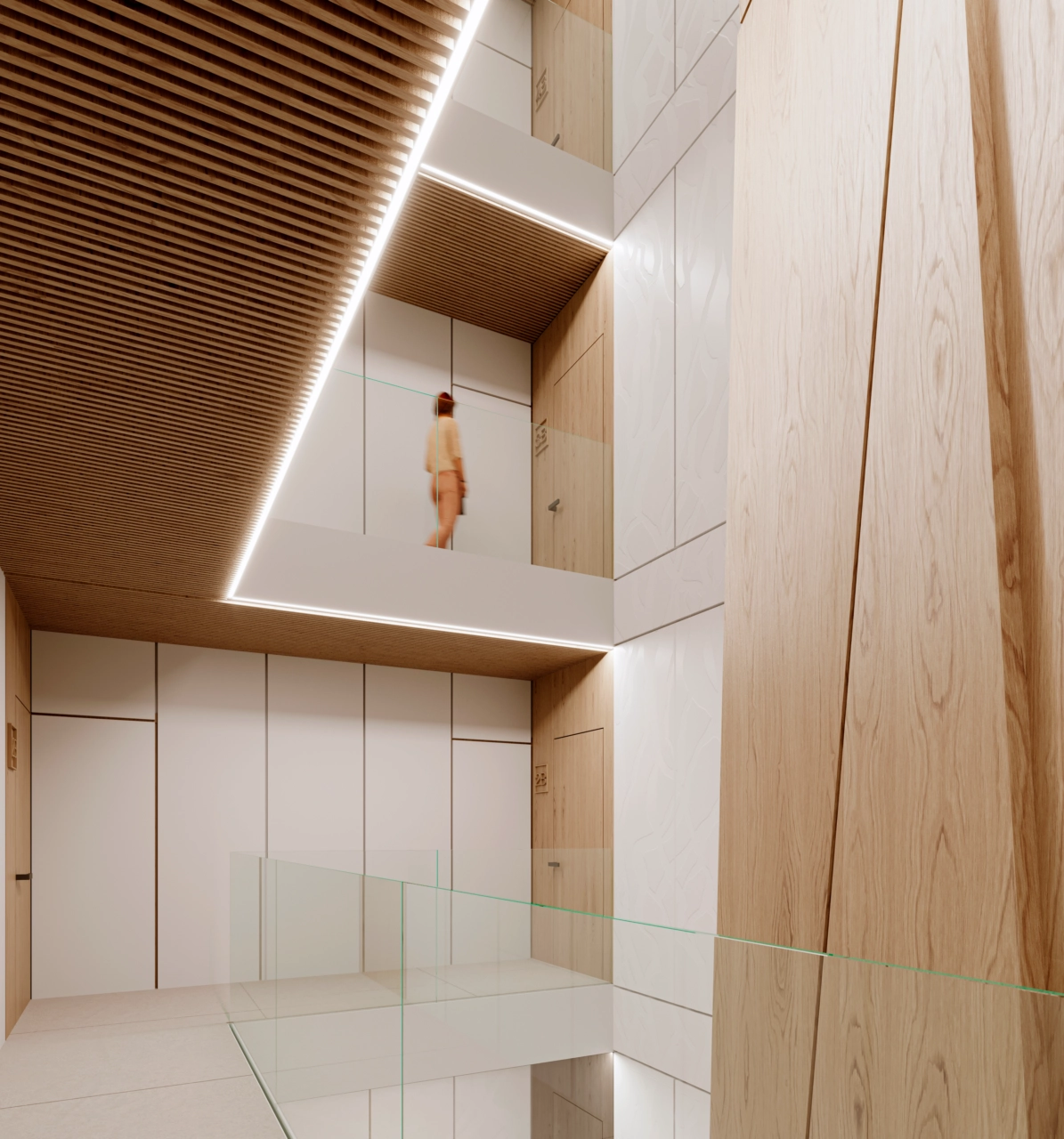 The building's atrium features beautiful wood and natural light.