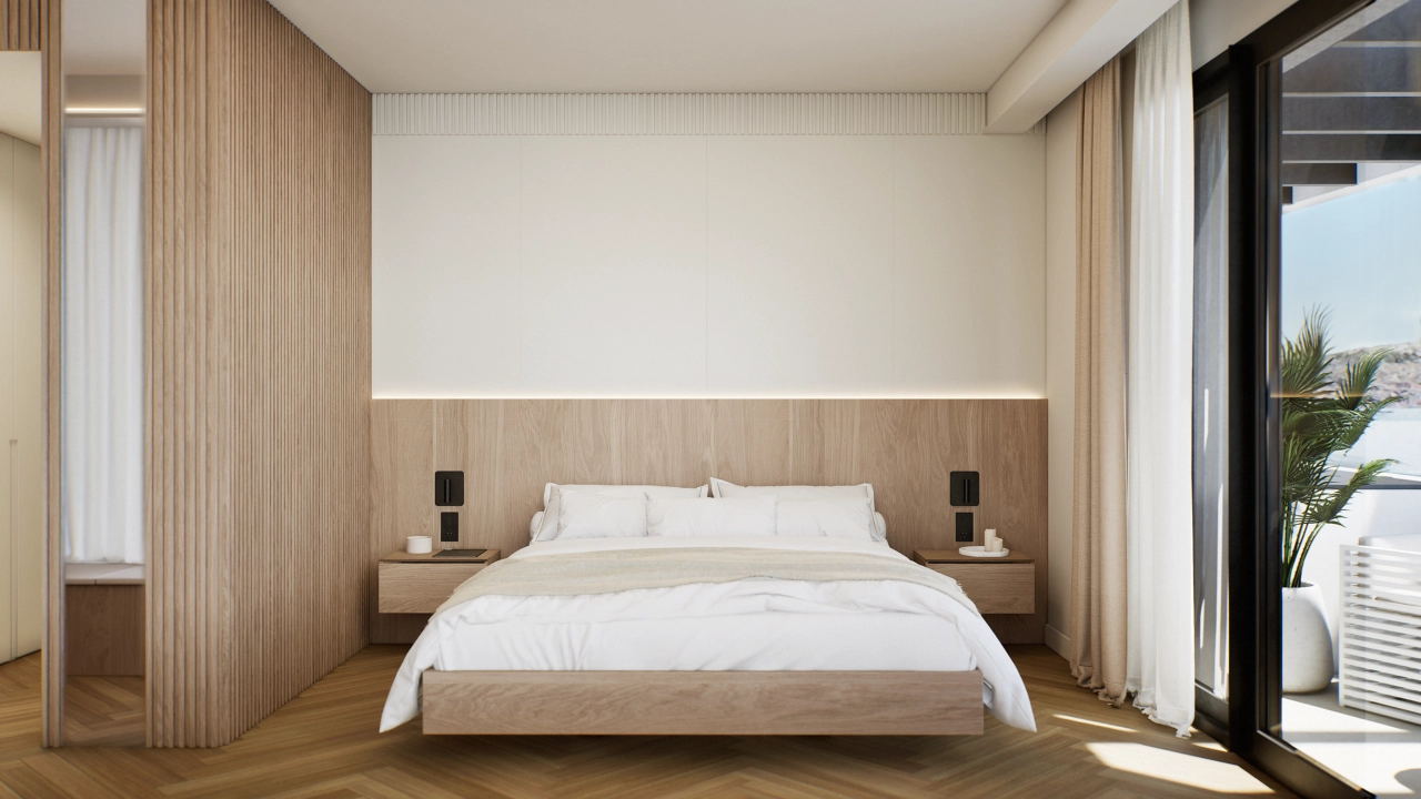 The serene master bedroom is a peaceful retreat with natural light.