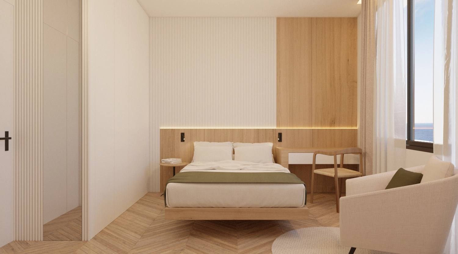 A comfortable and stylish bedroom designed for rest and relaxation.