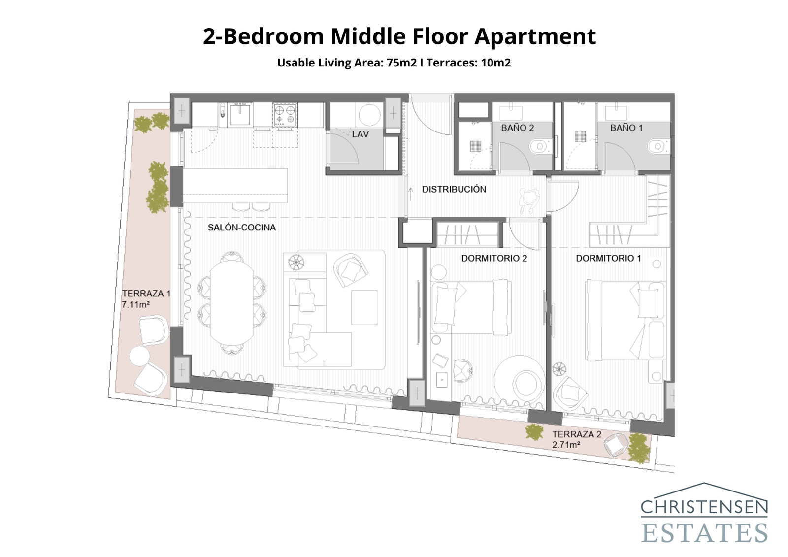 This two-bedroom layout offers an open living area and two terraces, ideal for enjoying the coastal climate.