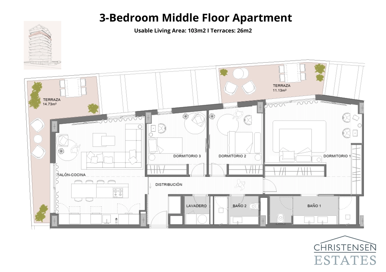 A spacious three-bedroom home with generous terraces, designed for comfortable family living and entertaining.