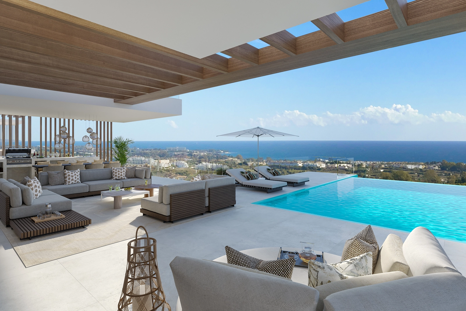 Enjoy breathtaking panoramic views of the Mediterranean Sea from your expansive private terrace.