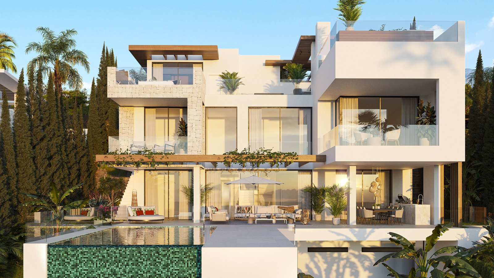 Modern architecture blends harmoniously with the natural surroundings, creating a tranquil and exclusive retreat.