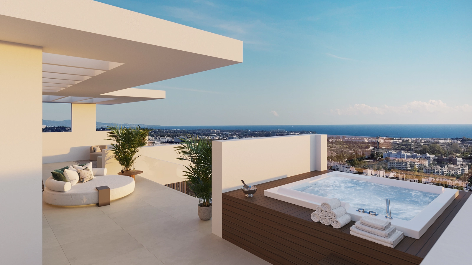 A private rooftop terrace with a jacuzzi offers a perfect spot to unwind and watch the sunset over the Costa del Sol.