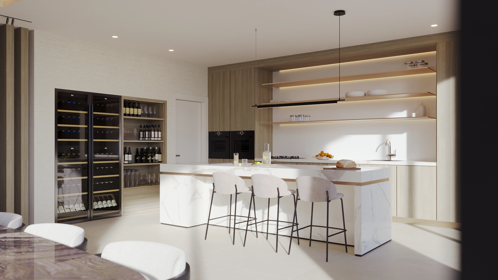 The sleek, open-concept kitchen flows into the dining area, creating an ideal setting for entertaining guests.