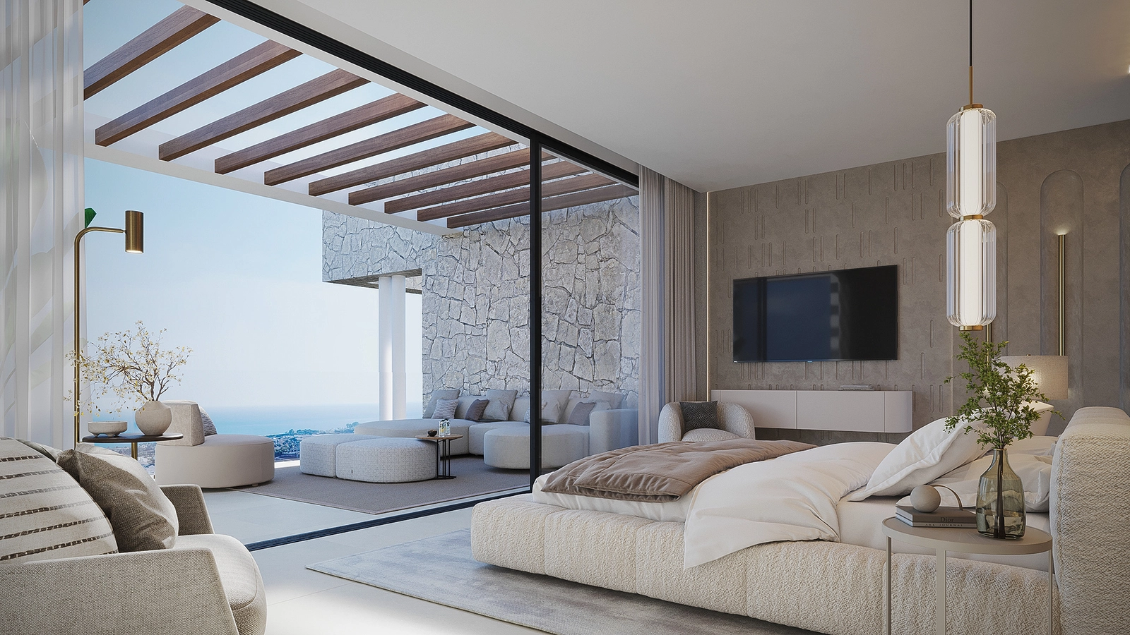 The principal bedroom suite is a sanctuary of comfort, opening onto a private terrace with inspiring sea views.