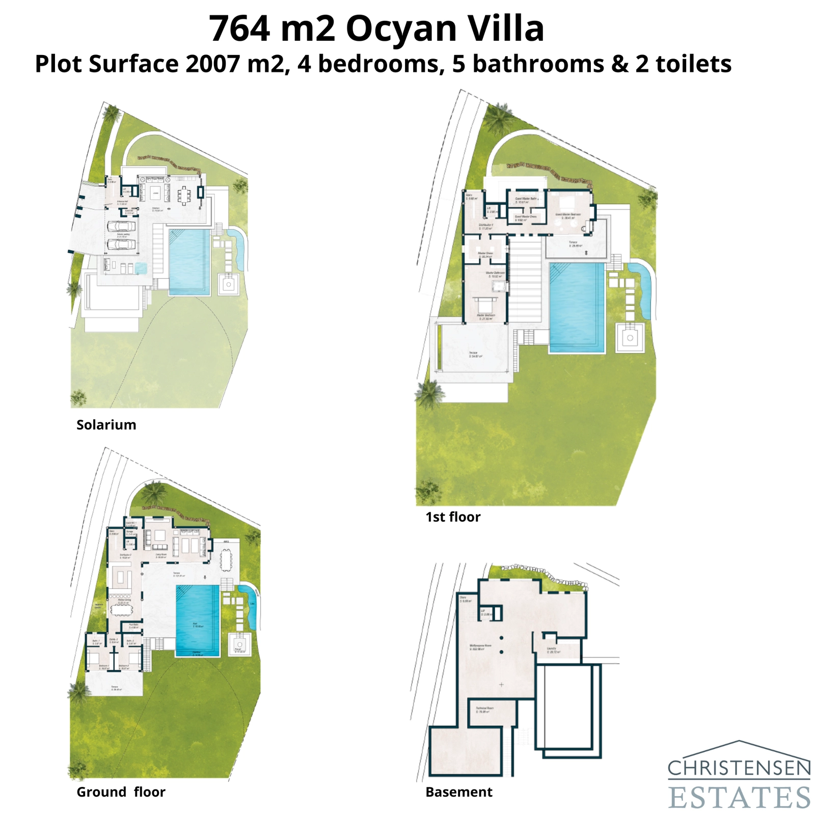 Layout for a spacious 764 m² villa on a 2007 m² plot. These plans illustrate the generous distribution of living spaces and private areas.