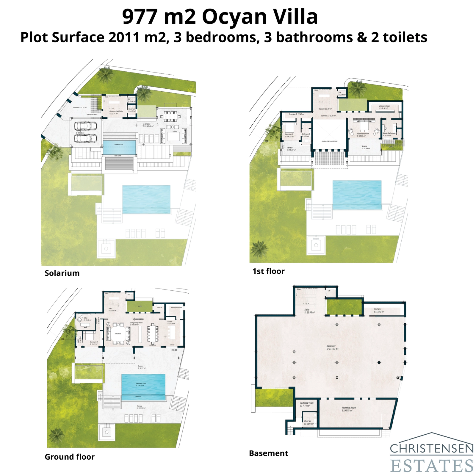 The expansive 977 m² villa on a 2011 m² plot. These detailed plans showcase the exceptional design and potential for customization.
