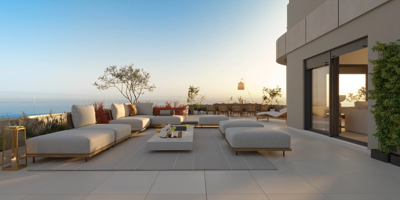 Expansive penthouse terraces are designed to enjoy the Mediterranean sunset and beautiful panoramic sea views.