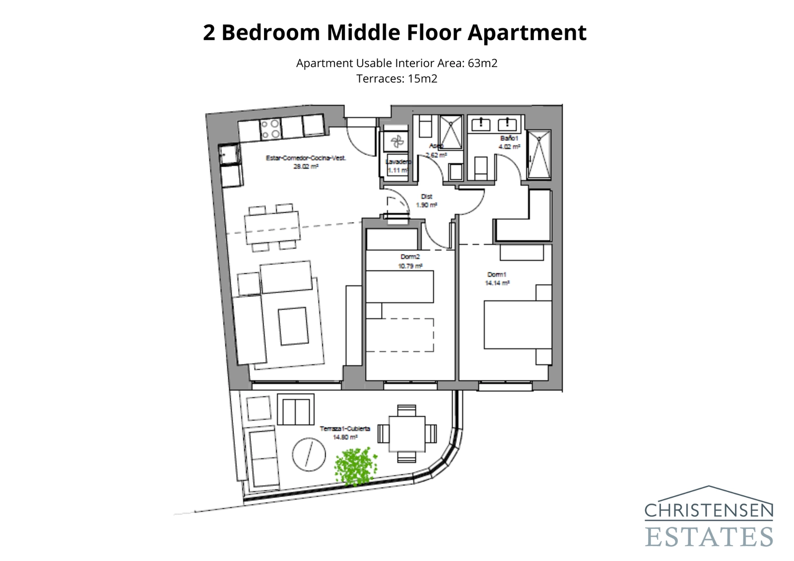 A well-designed two-bedroom apartment plan showing a smart use of space, connecting the living area to a generous terrace.