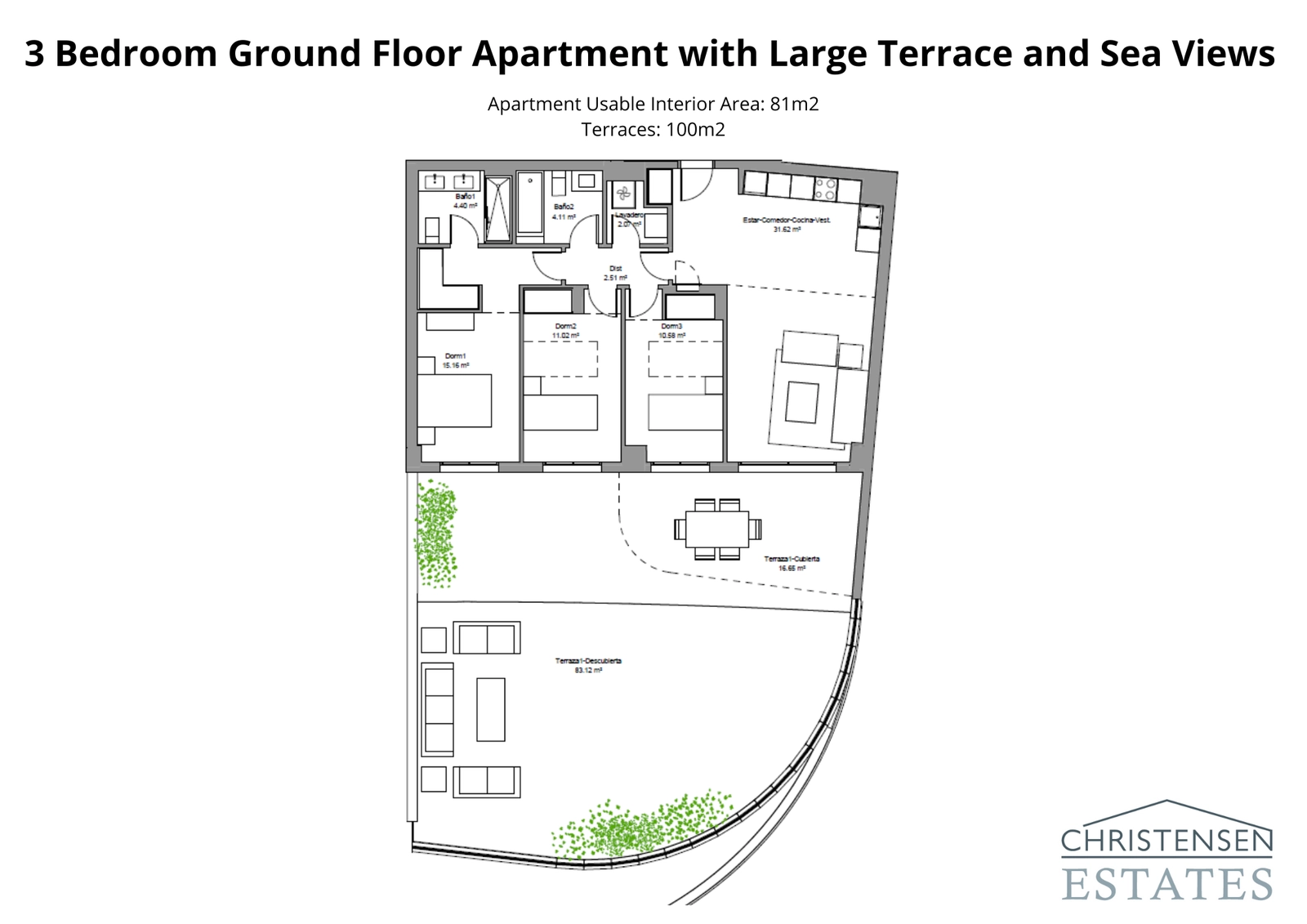 Spacious three-bedroom ground floor home featuring an exceptionally large terrace, perfect for families and entertaining.