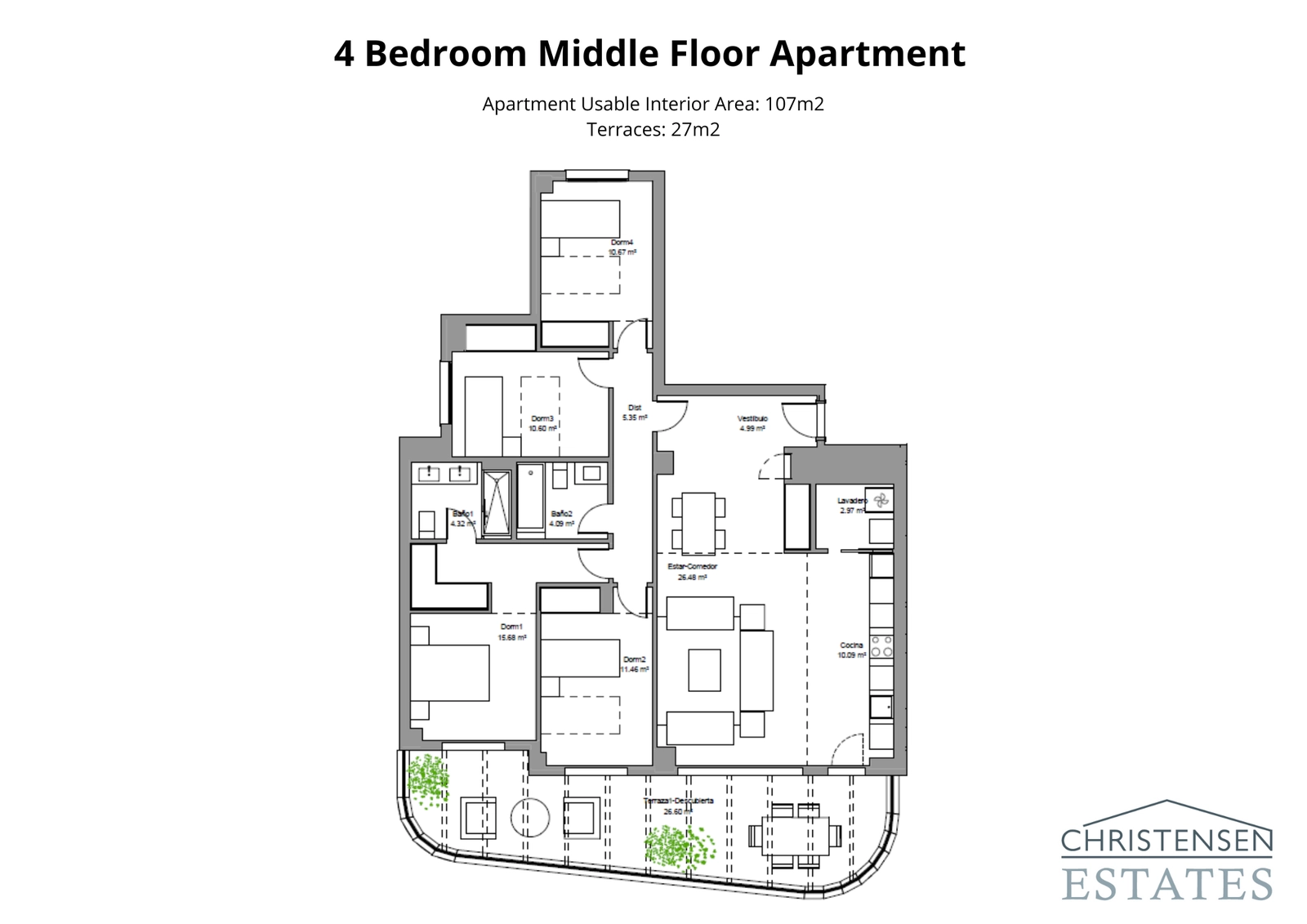 An expansive four-bedroom layout offering ample room for comfort and a seamless flow to the outdoor terrace.