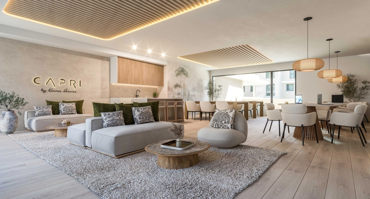 A comfortable and stylish co-working space for residents to work or relax.