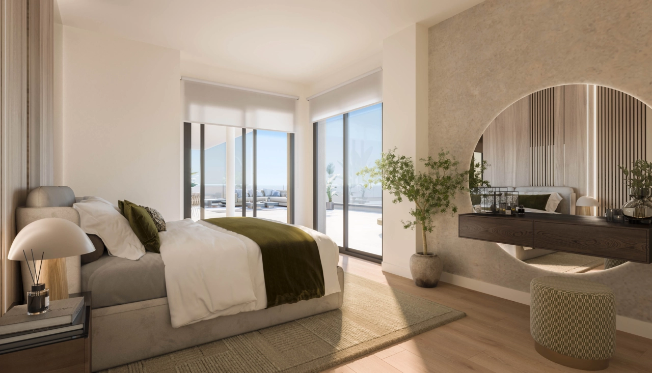 The elegant master bedroom is a peaceful retreat with direct access to a private terrace.