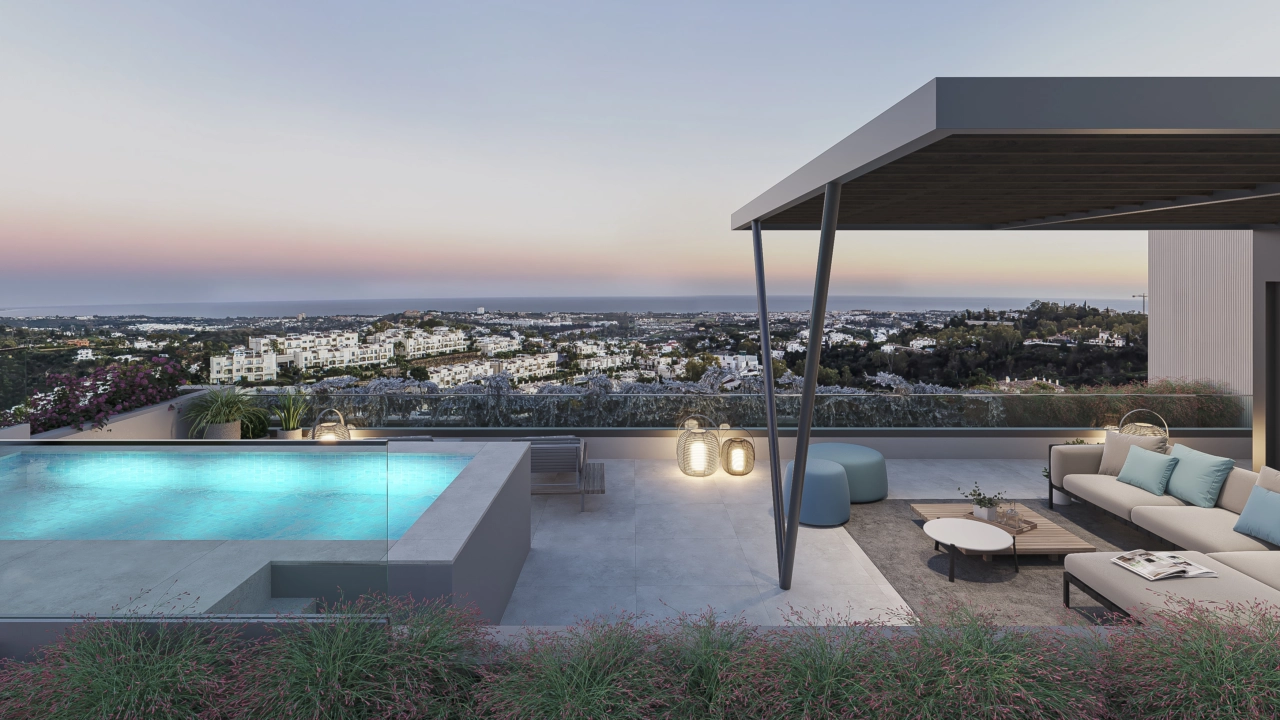 Penthouse solariums offer the ultimate luxury with a private pool and panoramic coastal views.