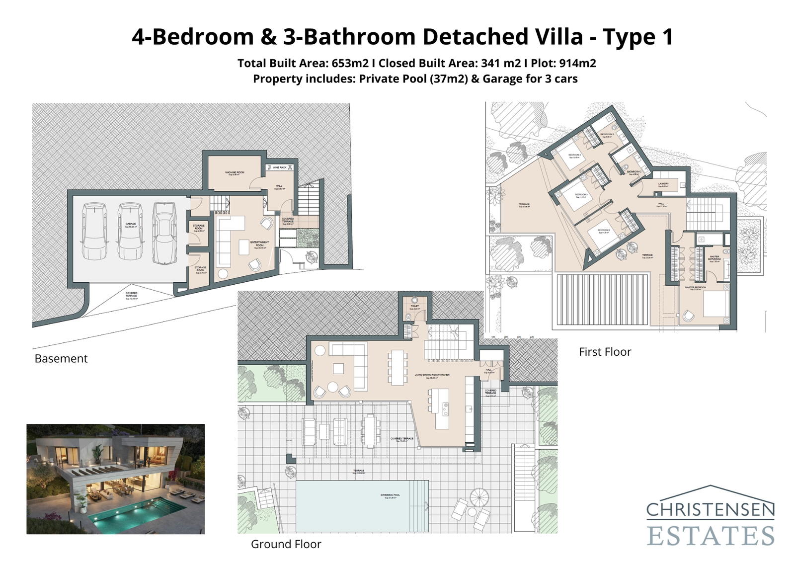 This four-bedroom villa layout features a spacious basement with a three-car garage and entertainment room. The ground floor opens directly to the large terrace and pool, creating a perfect flow for indoor-outdoor living.