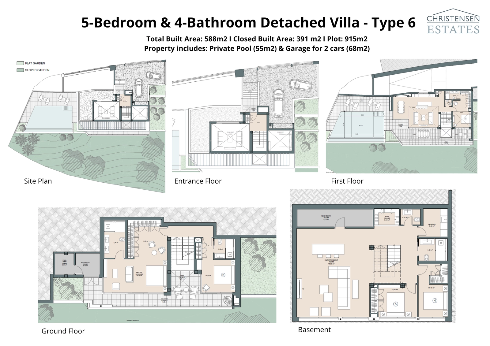 Explore the design of this five-bedroom residence, offering generous living spaces across multiple floors. The layout ensures privacy and comfort, with ample room for family and guests, complemented by a large private pool and garden.
