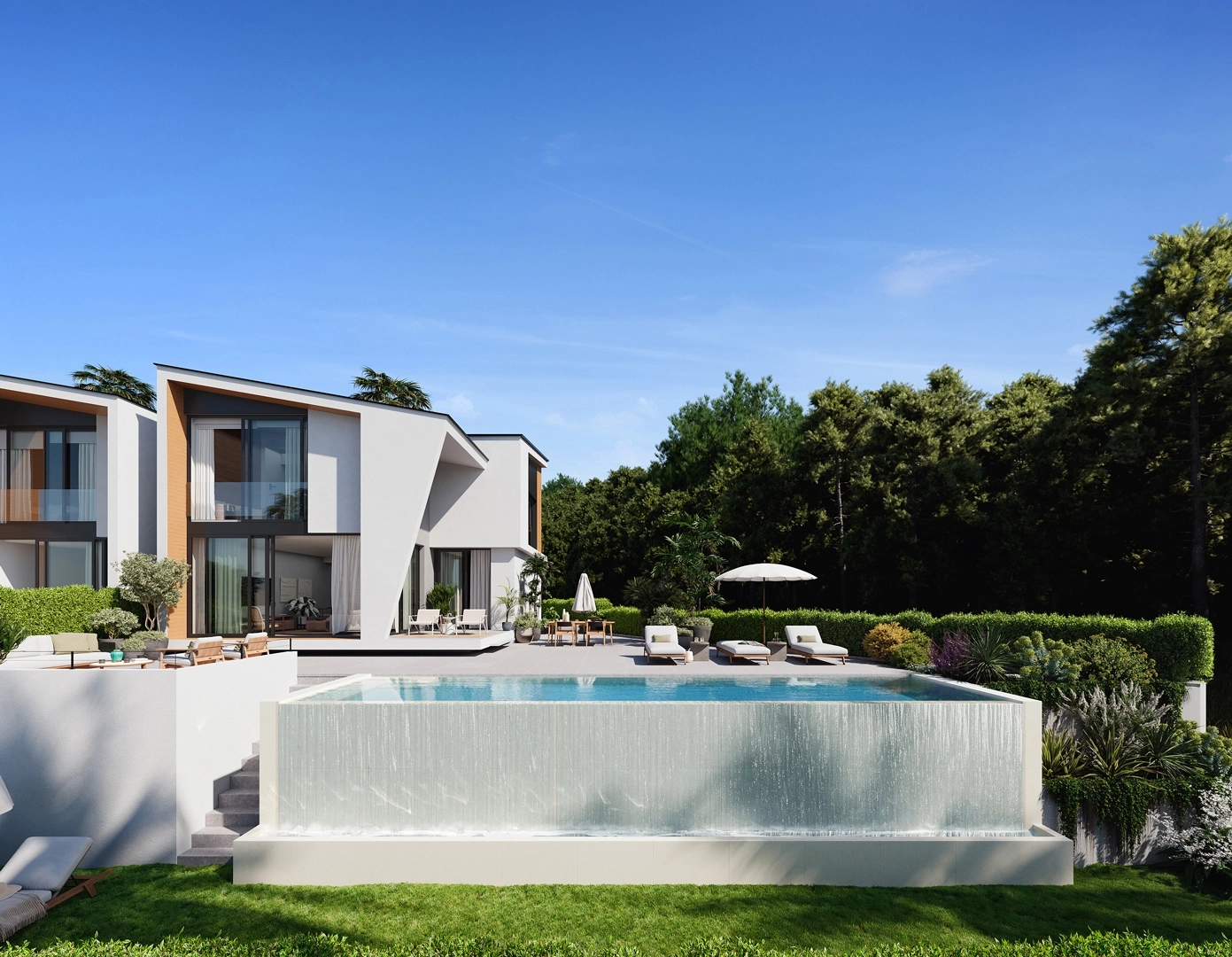 Each villa features a private infinity pool, perfectly integrated with the garden and outdoor living spaces.