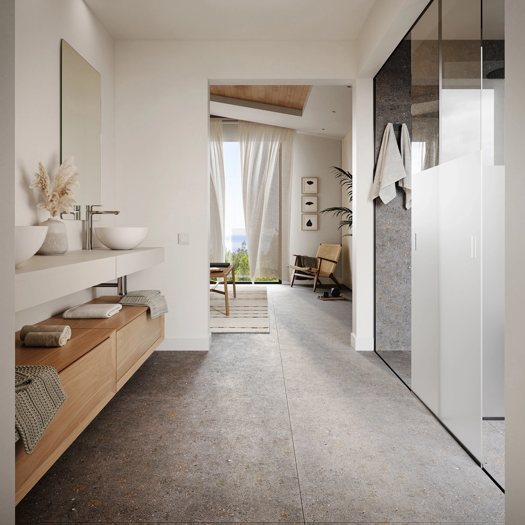 Elegant and modern bathrooms equipped with high-quality fittings and finishes for a spa-like experience at home.