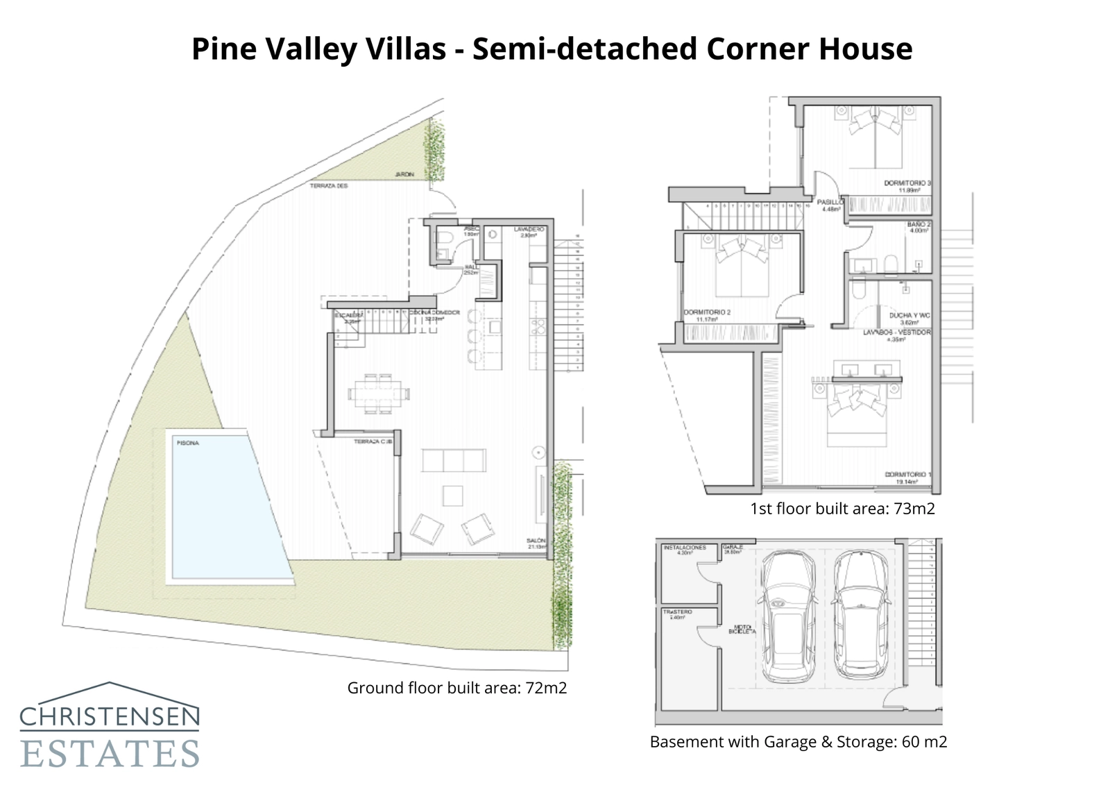 This corner villa layout offers enhanced privacy and a larger garden area, with a thoughtfully designed three-level floor plan including a basement with garage and storage.