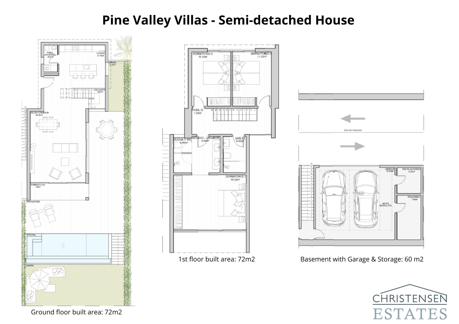 The floor plan for the semi-detached villa showcases an intelligent distribution of space, connecting the open-concept ground floor to the private bedrooms upstairs and the practical basement garage.