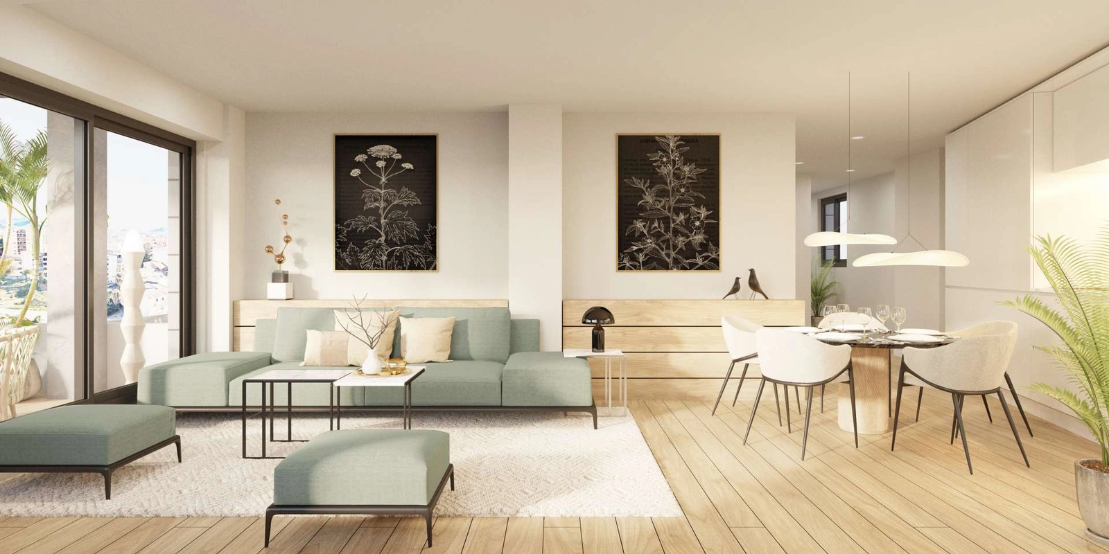 An elegant and bright open-plan living and dining area, designed for modern comfort and style.