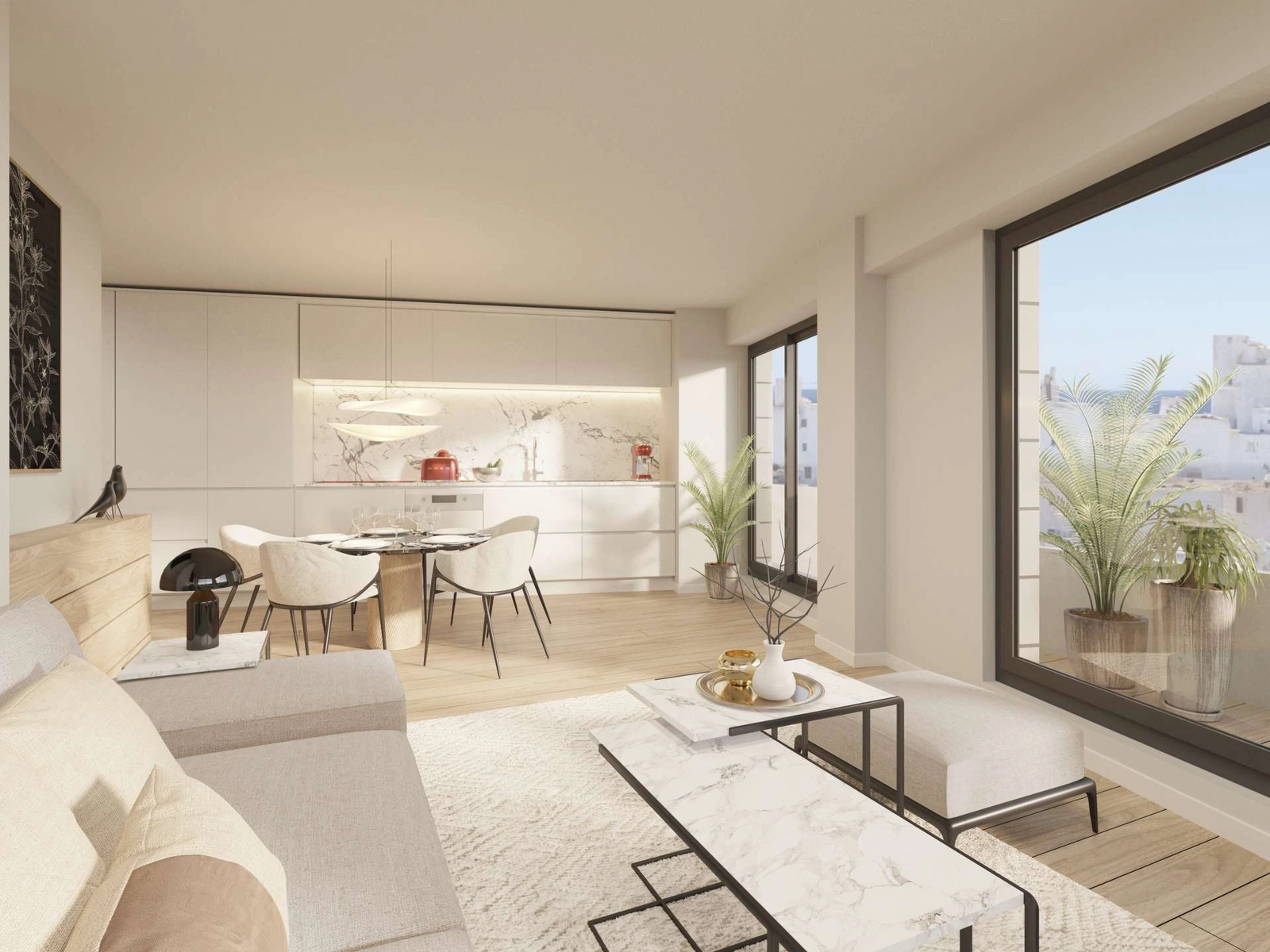 The modern kitchen is seamlessly integrated into the living space, featuring high-quality appliances and finishes.