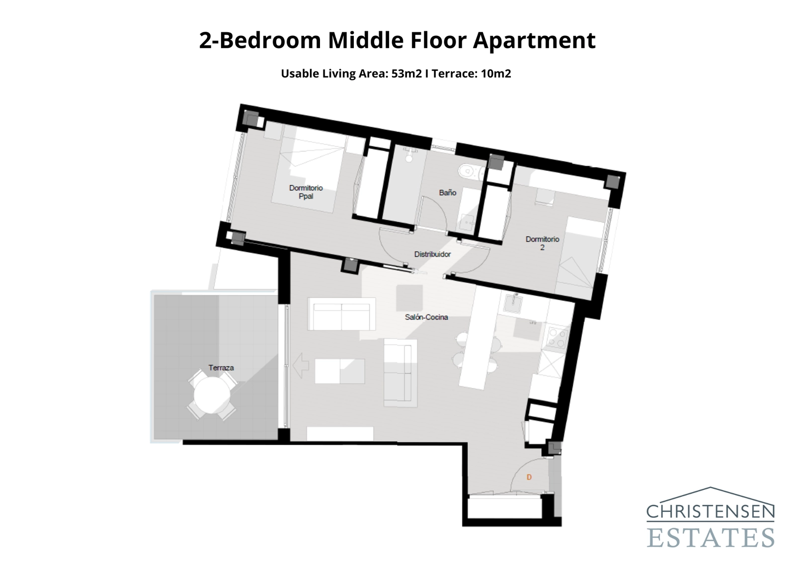 This two-bedroom apartment layout features an efficient design, combining the living, dining, and kitchen areas with a private terrace.